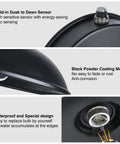 Features of Dusk To Dawn Exterior Barn Light With Gooseneck Design For Farmhouse, Outdoor Weather Resistant Lighting For Garage, Patio And Porch, 15 Inch Diameter, Anti Ponding Bottom, Photocell Sensor, Energy Saving Black Finish, 1 Piece; highlighting dusk to dawn sensor, black powder coating, waterproof design.