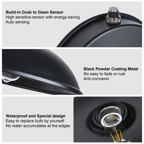 Features of Dusk To Dawn Exterior Barn Light With Gooseneck Design For Farmhouse, Outdoor Weather Resistant Lighting For Garage, Patio And Porch, 15 Inch Diameter, Anti Ponding Bottom, Photocell Sensor, Energy Saving Black Finish, 1 Piece; highlighting dusk to dawn sensor, black powder coating, waterproof design.