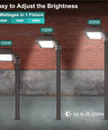Three LED flood lights in 100W, 150W, 200W against brick wall, Beefy 200W LED Flood Light With Dusk to Dawn Photocell 26000 Lumens 5000K