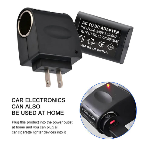 No Sweat Easy Install 220V To 12V Car Cigarette Lighter Plug Converter with dual prongs and indicator light for home use.