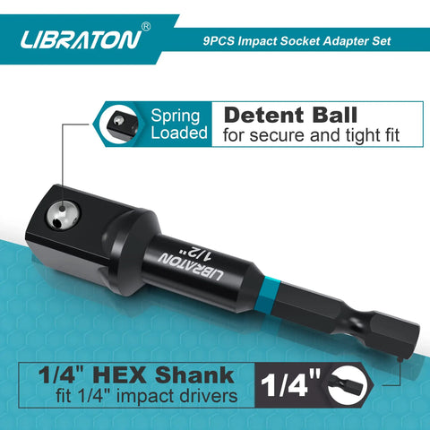 Pro Grade Impact Socket Adapter Set With One Quarter Inch Drive Includes 1/4 inch hex shank and spring-loaded detent ball