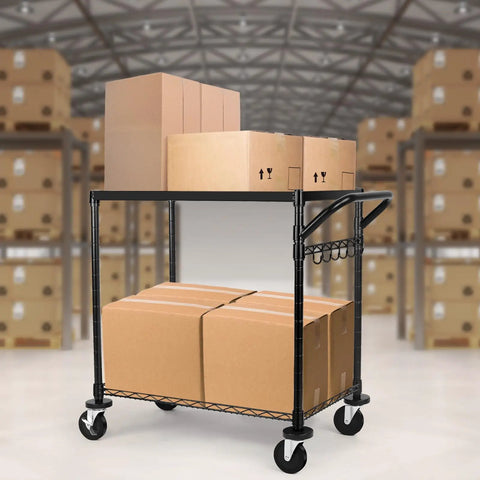 Heavy Duty Rolling Utility Cart With 680 Lbs Capacity, 2 Tier Metal Trolley On Wheels, Commercial Grade Cart With Handle Bar And Shelf Liner