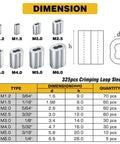 Dimensions and sizes chart for 325 Piece Aluminum Wire Rope Ferrule Kit With Crimping Loop Sleeves in eight sizes from M1.2 to M6.0.