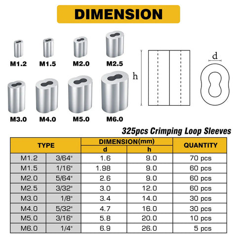 Dimensions and sizes chart for 325 Piece Aluminum Wire Rope Ferrule Kit With Crimping Loop Sleeves in eight sizes from M1.2 to M6.0.