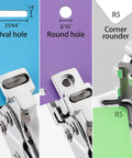 All In One Badge Slot Punch For ID Cards And PVC showing Oval hole, Round hole, and R5 Corner rounder tools
