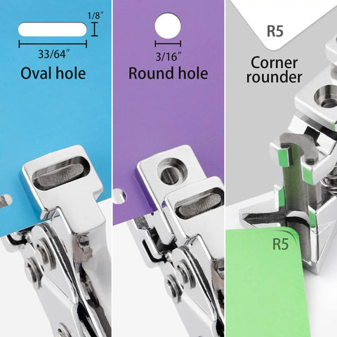 All In One Badge Slot Punch For ID Cards And PVC showing Oval hole, Round hole, and R5 Corner rounder tools
