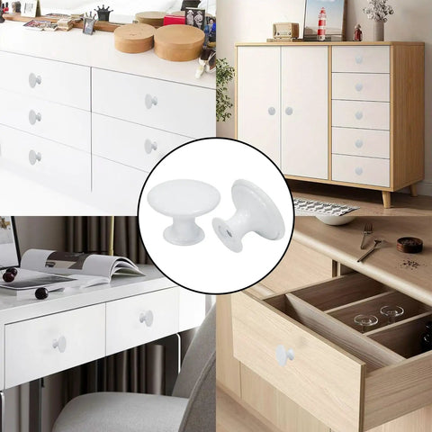 Antique White Round Cabinet Knobs With Screws Set Of 12 for dresser and cupboard doors, shown on furniture, vintage style.