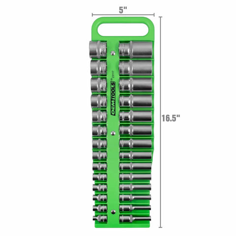 3/8 Inch Drive Magnetic Socket Organizer Tray Holds Up To 28 Sockets, Deep Tray With Secure Magnetic Grip For Toolbox, Shop Or Garage, Metric And SAE Sockets, Portable Green, shown vertically with sockets.