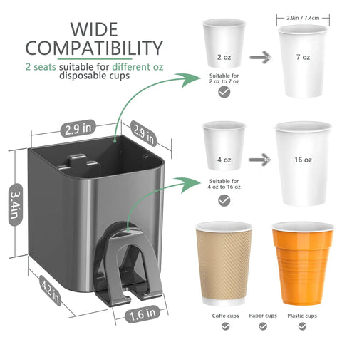 Two Seat Cup Dispenser Wall Mount For Two To Sixteen Ounce Paper And Plastic Cups Adhesive Cup Holder dimensions and compatibility