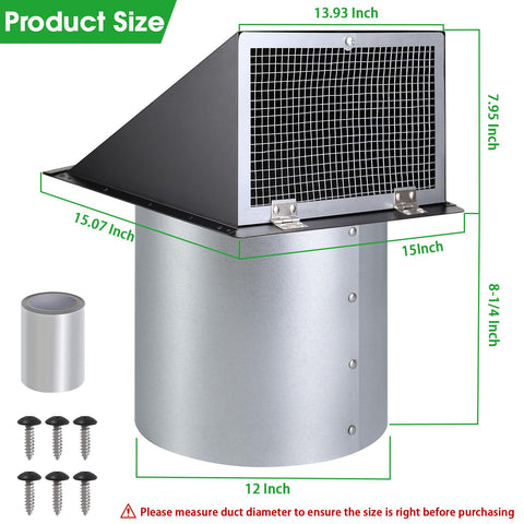 12 Inch Wall Vent Hood Exhaust Cap For Dryer Vent Cover With Screen And Damper Exterior Hooded Wall Vent For HVAC Ducts