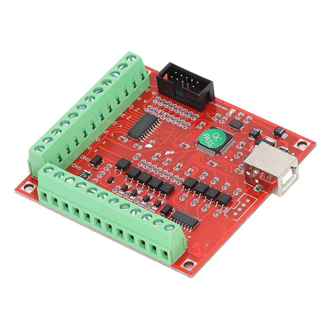 4 Axis CNC Breakout Board Motion Controller Card With 100KHz Step Pulse Frequency USB Interface For Stepper And Servo Motors Dope Performance Supports Probes Emergency Input Limit Switches And Handwheel Manual Control, red PCB with green terminals