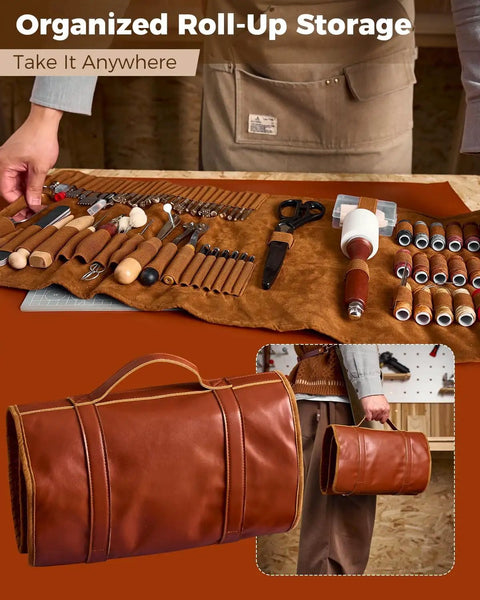 Your Go To Leather Working Starter Kit With 101 Pieces Stainless Steel And Wood Handle Tools For DIY Wallets Belts And Bags Repair Includes 4mm Chisel Set 1 2 4 6 Groover Wheel Hole Punch Stamping Tools And 18 Waxed Thread