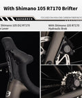 Close-up of Shimano 105 R7170 brake lever and hydraulic disc brake on Carbon Road Bike With Ultra Light T1000 Frame, 24 Speed Shimano 105 Di2 R7170 Shifting, Full Carbon Frame Fork Wheelset And Seatpost, 700C Carbon Wheels, Disc Brakes, Sleek Race Ready Build.
