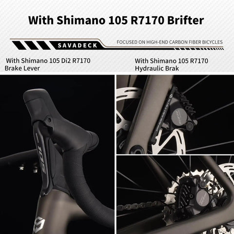 Close-up of Shimano 105 R7170 brake lever and hydraulic disc brake on Carbon Road Bike With Ultra Light T1000 Frame, 24 Speed Shimano 105 Di2 R7170 Shifting, Full Carbon Frame Fork Wheelset And Seatpost, 700C Carbon Wheels, Disc Brakes, Sleek Race Ready Build.