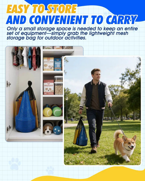 Man carrying Dog Agility Cone Set With 12 Inch Hurdle Cones, Backyard Obstacle Course Kit, easy to store in a mesh bag.