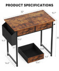 Product specifications of the 32 Inch Home Office Desk With Drawers And Storage For Gaming, Study Or Writing in Rustic Brown.