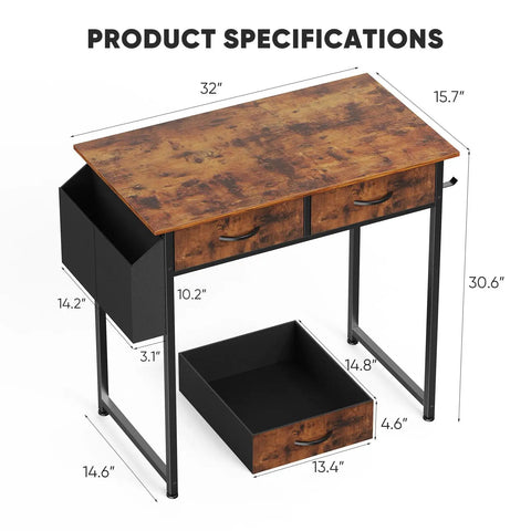 Product specifications of the 32 Inch Home Office Desk With Drawers And Storage For Gaming, Study Or Writing in Rustic Brown.