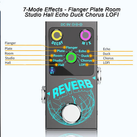 Front view of Bangin Compact Digital Reverb Guitar Pedal With 9 Modes Room Hall Chorus Duck Plate Studio Echo LoFi.
