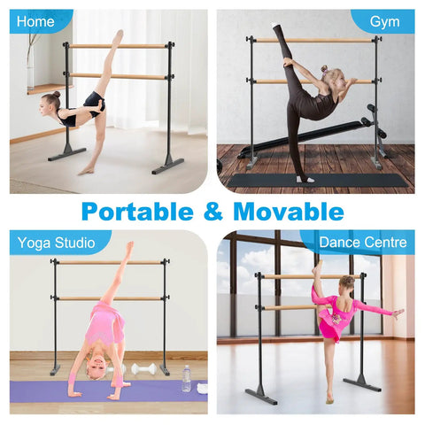 4 Foot Height Adjustable Freestanding Wooden Ballet Barre With Double Bar Heavy Duty For Your Home Gym Dance Barre Portable 350 Lb Capacity For Stretching Practice And Everyday Fitness shown in various settings