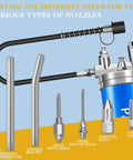 PAIGOIN grease gun kit, front view, pistol grip, 8000 PSI, includes 19in and 28in hoses, extensions and assorted nozzles