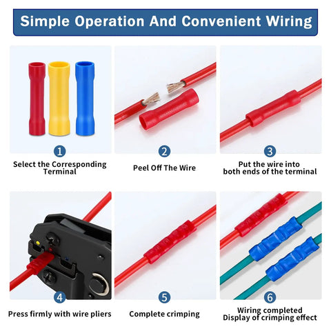 Step-by-step guide using 100 Pack Wire Butt Splice Connector Kit for 22-10AWG, Cold Crimp Electrical Wire Terminals
