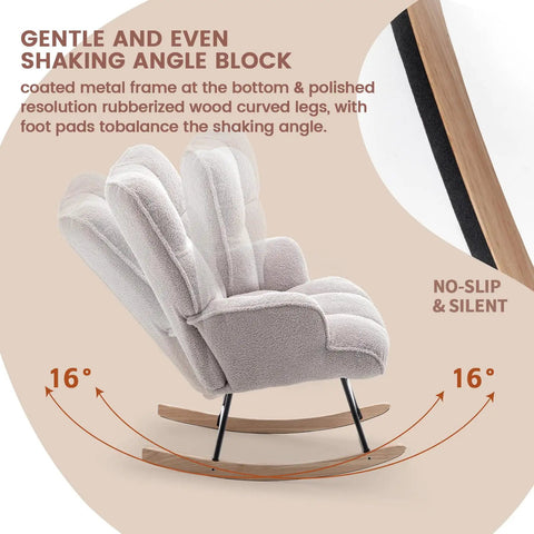 Nursery Rocking Chair With Grey Teddy Upholstery Glider And Padded Seat High Backrest Armchair For Living Room Bedroom Or Office