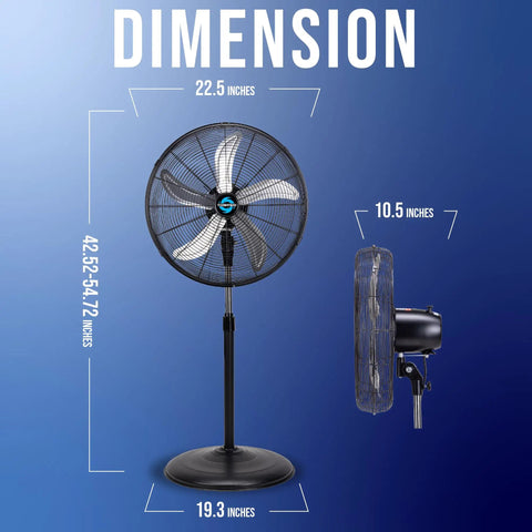 High Velocity 20 Inch Oscillating Pedestal Fan For Industrial Use 3 Speed One Sixth HP dimension diagram with measurements