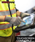 Person wearing PU Coated Touchscreen Work Gloves 18 Pair Pack For Men And Women, Lightweight Mechanic Gloves, using a touchscreen.