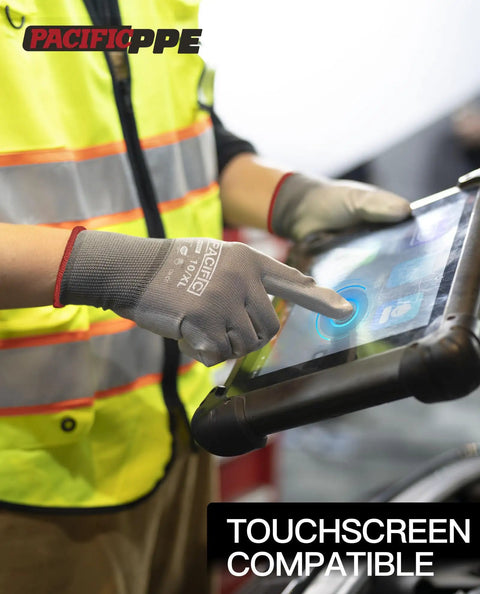 Person wearing PU Coated Touchscreen Work Gloves 18 Pair Pack For Men And Women, Lightweight Mechanic Gloves, using a touchscreen.