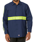 Men Heavy Duty High Visibility Work Shirt With Moisture Wicking Fabric And Bold Reflective Safety Strips Built Tough As Nails For The Daily Grind And All Day Comfort In Navy Yellow Green 3x Large, front view with reflective safety strips.