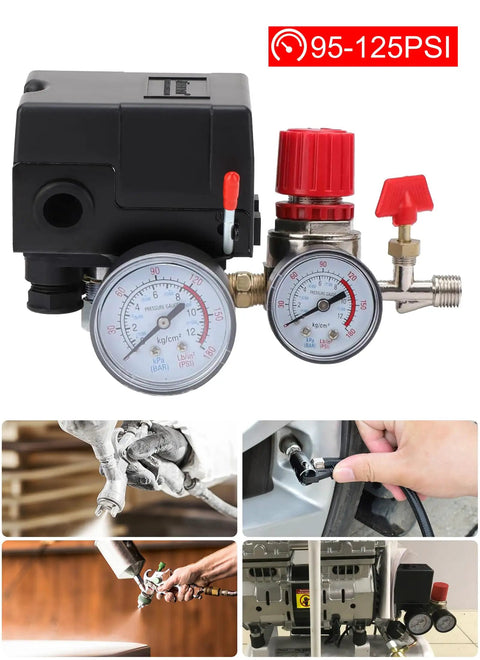 Heavy Duty Universal Air Compressor Pressure Switch 95 125 PSI 240V 26A Replacement Valve with gauges shown in use
