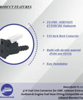 Five Sixteenth Inch Fuel Line Connector For OMC Johnson Evinrude Outboard Engines Direct Replacement Fuel Hose Fitting Compatible With Ethanol Blended Fuels, shown with product features and installation highlights.