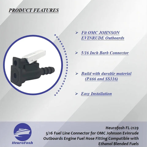 Five Sixteenth Inch Fuel Line Connector For OMC Johnson Evinrude Outboard Engines Direct Replacement Fuel Hose Fitting Compatible With Ethanol Blended Fuels, shown with product features and installation highlights.