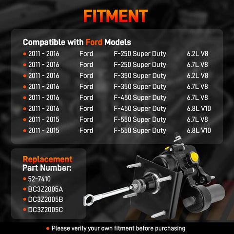 Fitment guide for Beefed-Up Hydraulic Power Brake Booster For Ford Super Duty F250 F350 F450 F550 2011-2016 truck upgrade