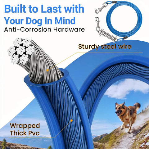 Glow In The Dark Reflective Dog Run Cable 75 Foot Rugged Heavy Duty Zipline For Yard And Camping With Ten Foot Tie Out