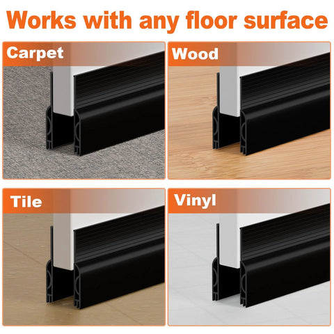 OXRQ door draft stopper, black bottom seal, 39 inches, shown on carpet, wood, tile and vinyl floors.