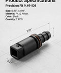 Ride Ready Straight Fuel Line Quick Connector Three Eighth Inch Nylon Hose Coupler No Hassle High Pressure Oil Line Quick Swap Kit For Your Daily Driver Black, shown with dimensions 0.37" x 2.09", made of PA12 nylon.