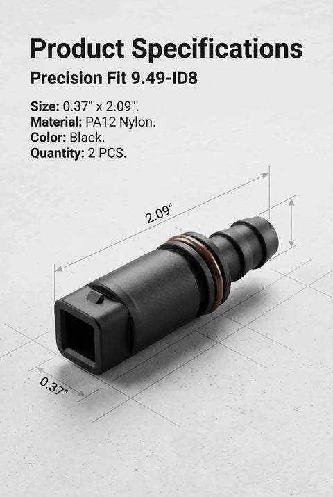 Ride Ready Straight Fuel Line Quick Connector Three Eighth Inch Nylon Hose Coupler No Hassle High Pressure Oil Line Quick Swap Kit For Your Daily Driver Black, shown with dimensions 0.37" x 2.09", made of PA12 nylon.