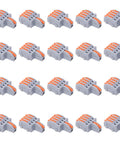 20 Pack Push In Wire Connectors 1 To 4 Out Electrical Terminal Block Copper Conductor Splitter For Recessed Fixtures And Auto Wiring Quick Lock No Sweat Install Heat Resistant Shell Orange, arranged in rows.