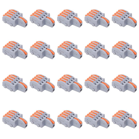 20 Pack Push In Wire Connectors 1 To 4 Out Electrical Terminal Block Copper Conductor Splitter For Recessed Fixtures And Auto Wiring Quick Lock No Sweat Install Heat Resistant Shell Orange, arranged in rows.