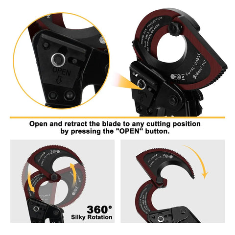 Ratcheting Cable Wire Cutter Heavy Duty Tool For Copper And Aluminum Wiring displaying blade retraction mechanism and 360-degree rotation.