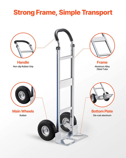 Heavy Duty Aluminum Hand Truck Dolly With Non Slip Wheels And Handle, 500 Lb Capacity Portable Trolley, aluminum frame, rubber wheels