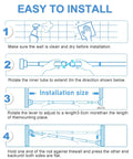 Installation steps for Adjustable No Drill Curtain Rod For Windows And Doors Black Spring Tension extends 30-63 inches.