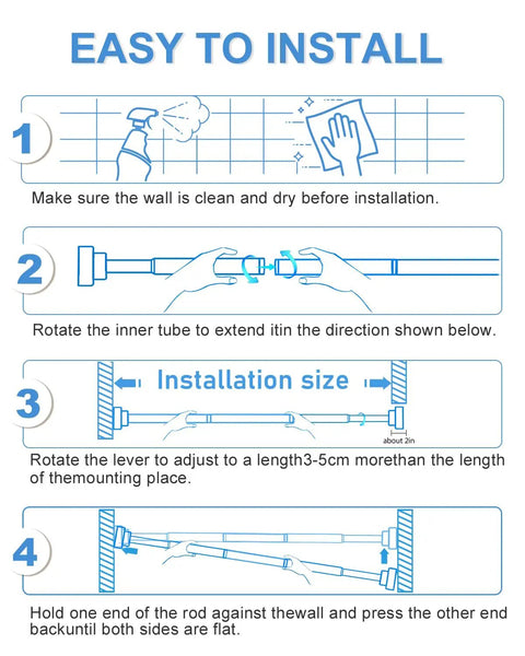 Installation steps for Adjustable No Drill Curtain Rod For Windows And Doors Black Spring Tension extends 30-63 inches.