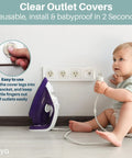 Child interacting with outlet covered by All In One Baby Proofing Kit Easy To Install With Hidden Cabinet And Drawer Locks, Adjustable Latches, Corner Guards And Outlet Covers, 4 In 1 Child Safety Pack To Keep Your Home Kid Safe.