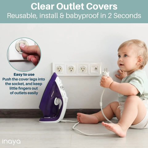 Child interacting with outlet covered by All In One Baby Proofing Kit Easy To Install With Hidden Cabinet And Drawer Locks, Adjustable Latches, Corner Guards And Outlet Covers, 4 In 1 Child Safety Pack To Keep Your Home Kid Safe.
