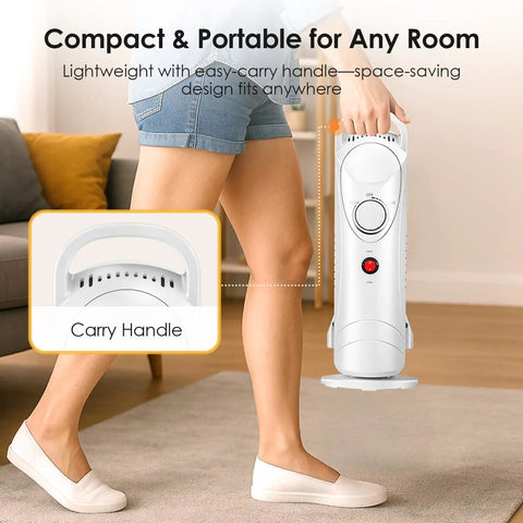 Person carrying 700W Oil Filled Radiator Heater with adjustable thermostat and silent operation, showcasing portability in a living room.