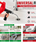 Heavy Duty 33 Foot Drain Snake Auger shown operating in a kitchen sink, ideal for clearing stubborn hair clogs.