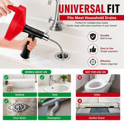 Heavy Duty 33 Foot Drain Snake Auger shown operating in a kitchen sink, ideal for clearing stubborn hair clogs.