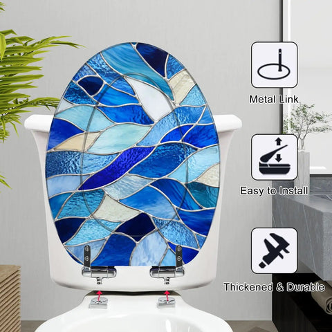 Elongated Blue Stained Glass Effect Abstract Mosaic Flowing Toilet Seat shown on a toilet, emphasizing blue mosaic design.